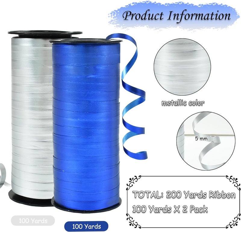 BEISHIDA Blue and Silver Curling Ribbons Balloon String Ribbons - 2 Pack 100 Yards for Gift Warppping Birthday Bachelor Winter Holiday Party Decorations - Image 2